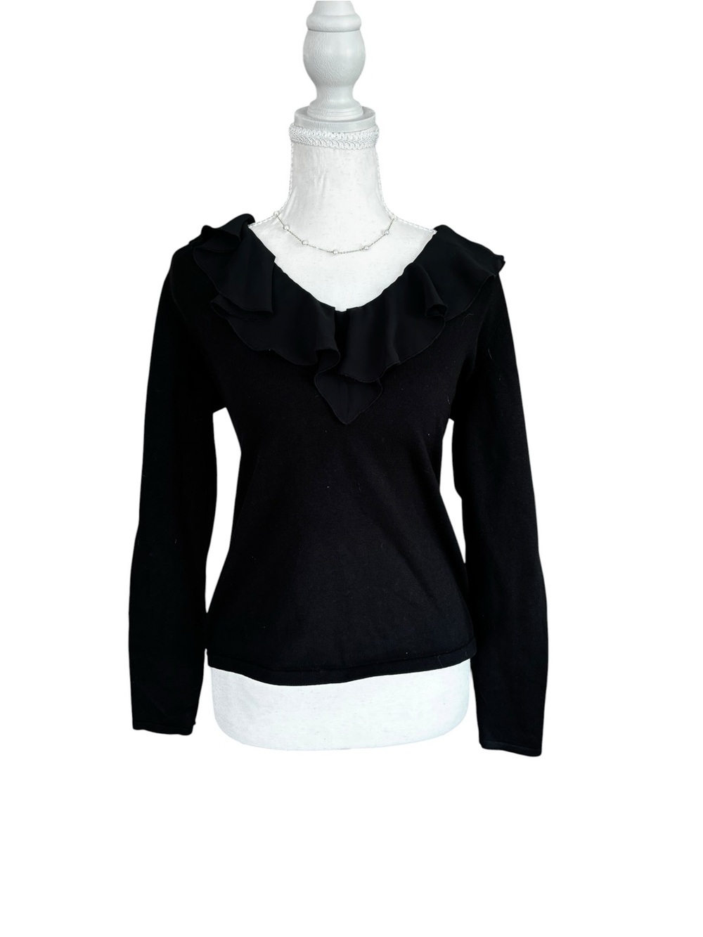 Chaps Black Ruffle V-Neck Long Sleeve Top